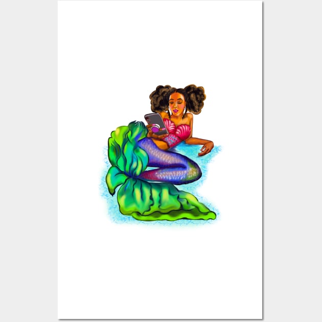 Mermaid Afro Mermaid - Coco the Magical rainbow mermaid and phone - brown eyes, Afro hair in two puffs and caramel brown skin - light background Wall Art by Artonmytee